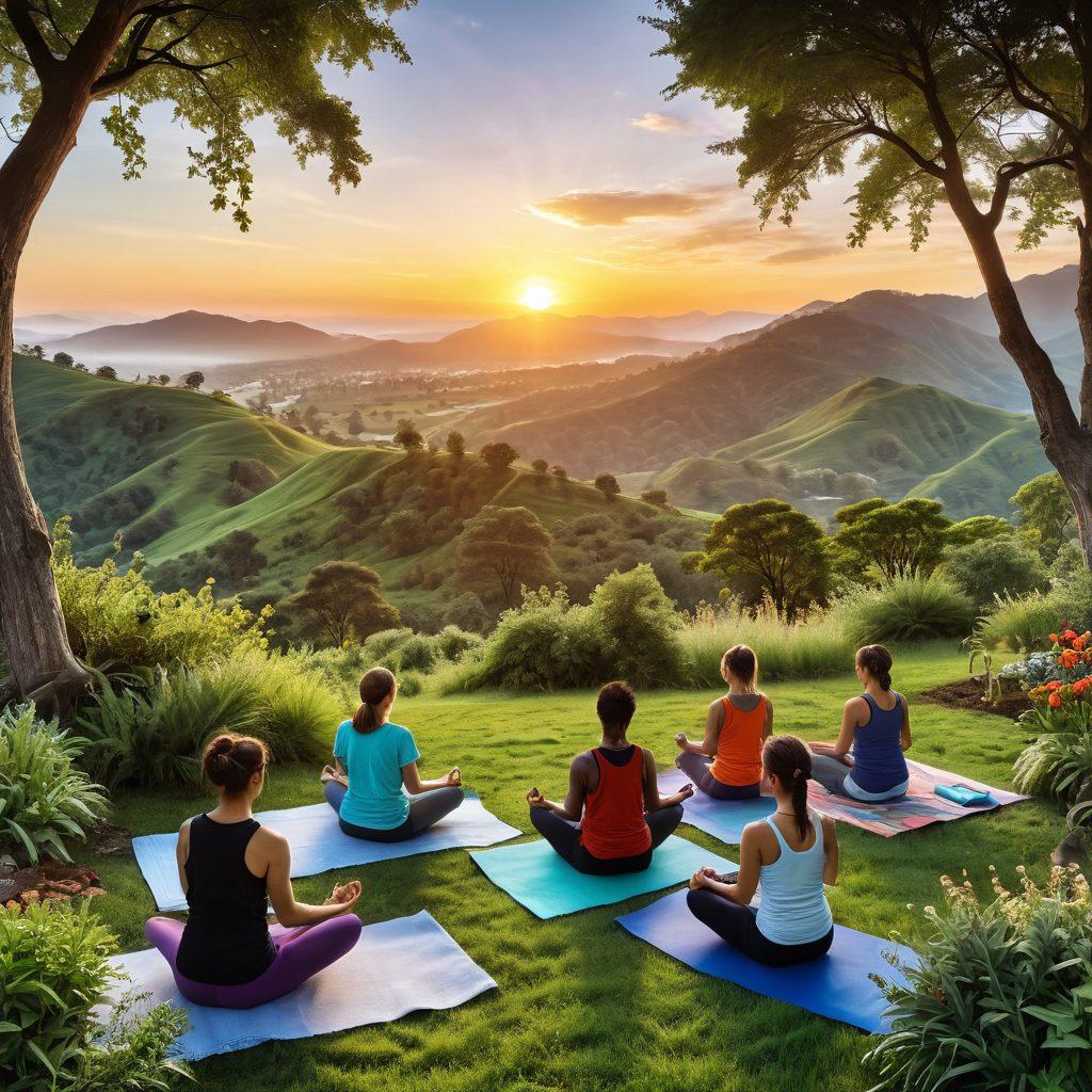 A serene landscape featuring a vibrant sunrise over a lush green valley, symbolizing a new beginning. In the foreground, a diverse group of people engaging in activities like yoga, gardening, and DIY projects, showcasing wellness and creativity. Incorporate elements like books, plants, and tools, representing learning and growth. The scene is lively, reflecting a harmonious lifestyle. super-realistic. vibrant colors. inspiring atmosphere.