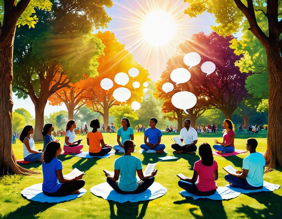 A vibrant illustration showcasing a diverse group of people engaging in various activities such as reading, meditating, and discussing ideas in an inspiring park setting, with colorful thought bubbles displaying trending topics and personal development symbols. The sun's rays shining down, creating an uplifting atmosphere. super-realistic. vibrant colors. nature background.