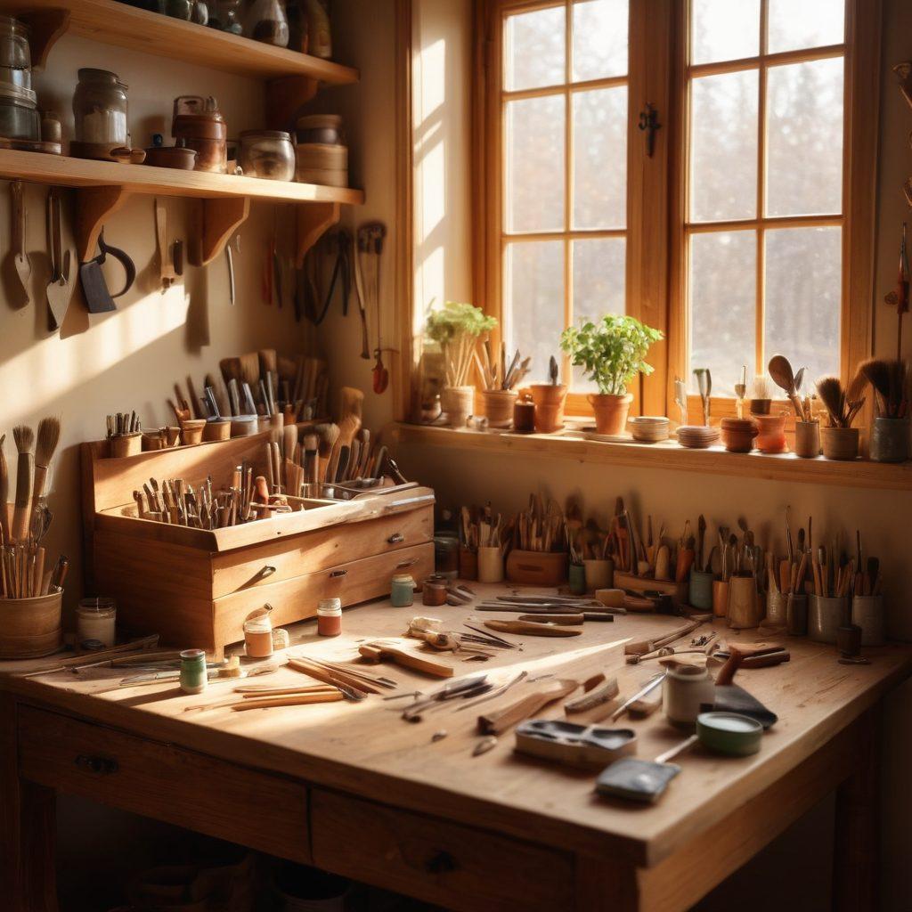 A cozy home workshop scene with a diverse group of people engaged in various DIY projects, surrounded by tools and materials. Include a warm atmosphere with sunlight streaming through a window, showcasing handmade items and community interaction. Highlight tools like paint brushes, woodwork, and crafting supplies scattered around. Super-realistic. Warm tones. Inviting composition.